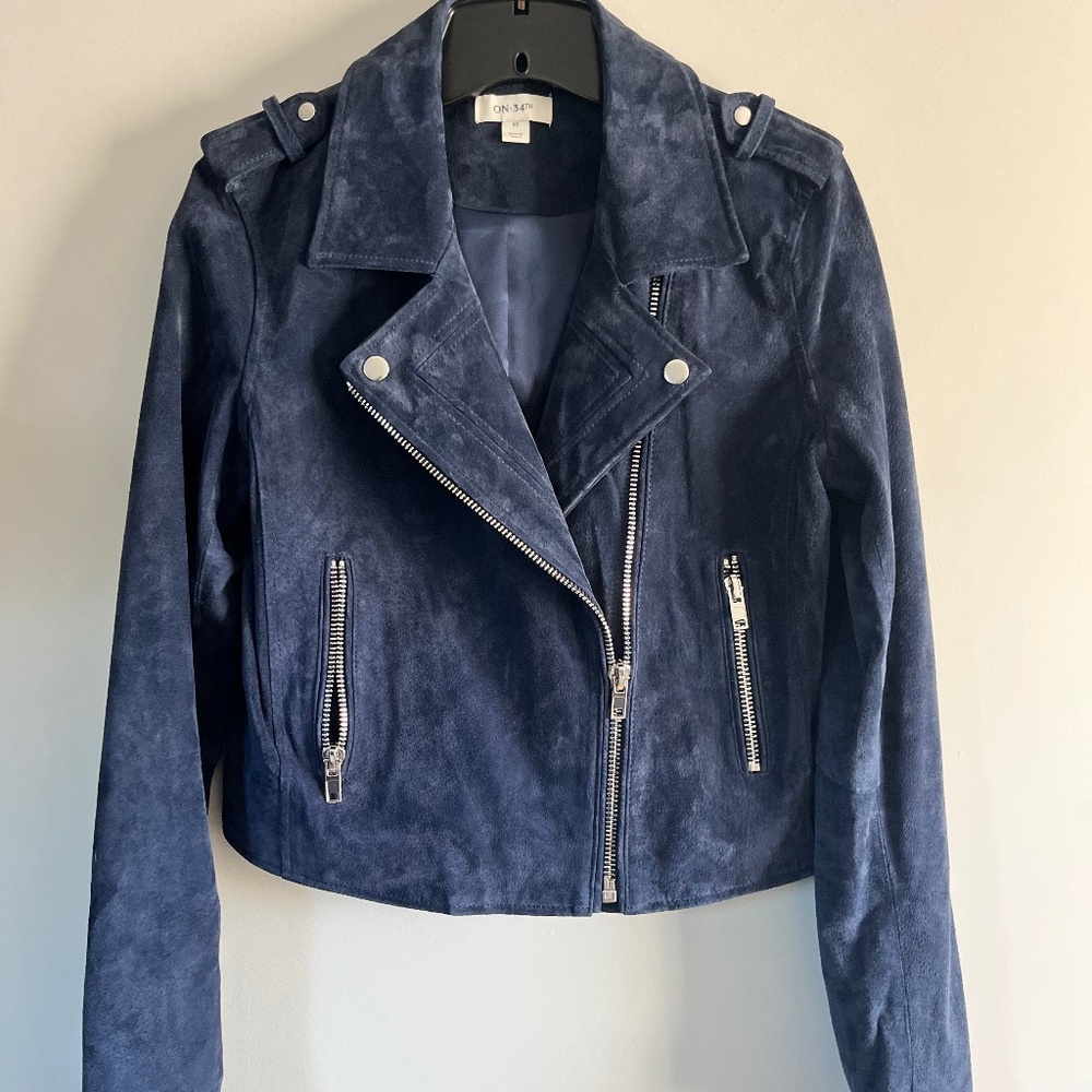 NWOT Genuine Leather Blue Suede Biker Moto Jacket Coat XS by On 34th